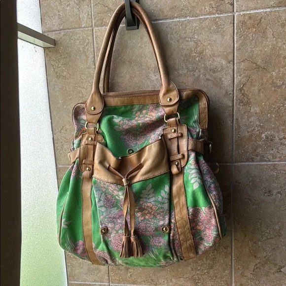Anthropologie Lucky Penny Shoulder Bag Overnight Tote Satchel Floral Leather - Picture 2 of 16